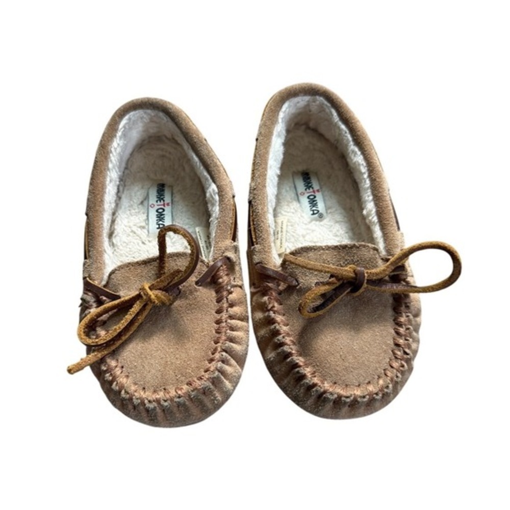 Minnetonka Kids Suede‎ Moccasin Slippers - Faux Fur Lined - Tan - Size 12